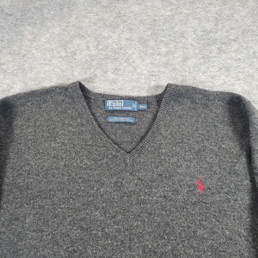 Polo Ralph Lauren Sweater Mens XXL Gray 100% Lambswool V-Neck Red Pony Logo